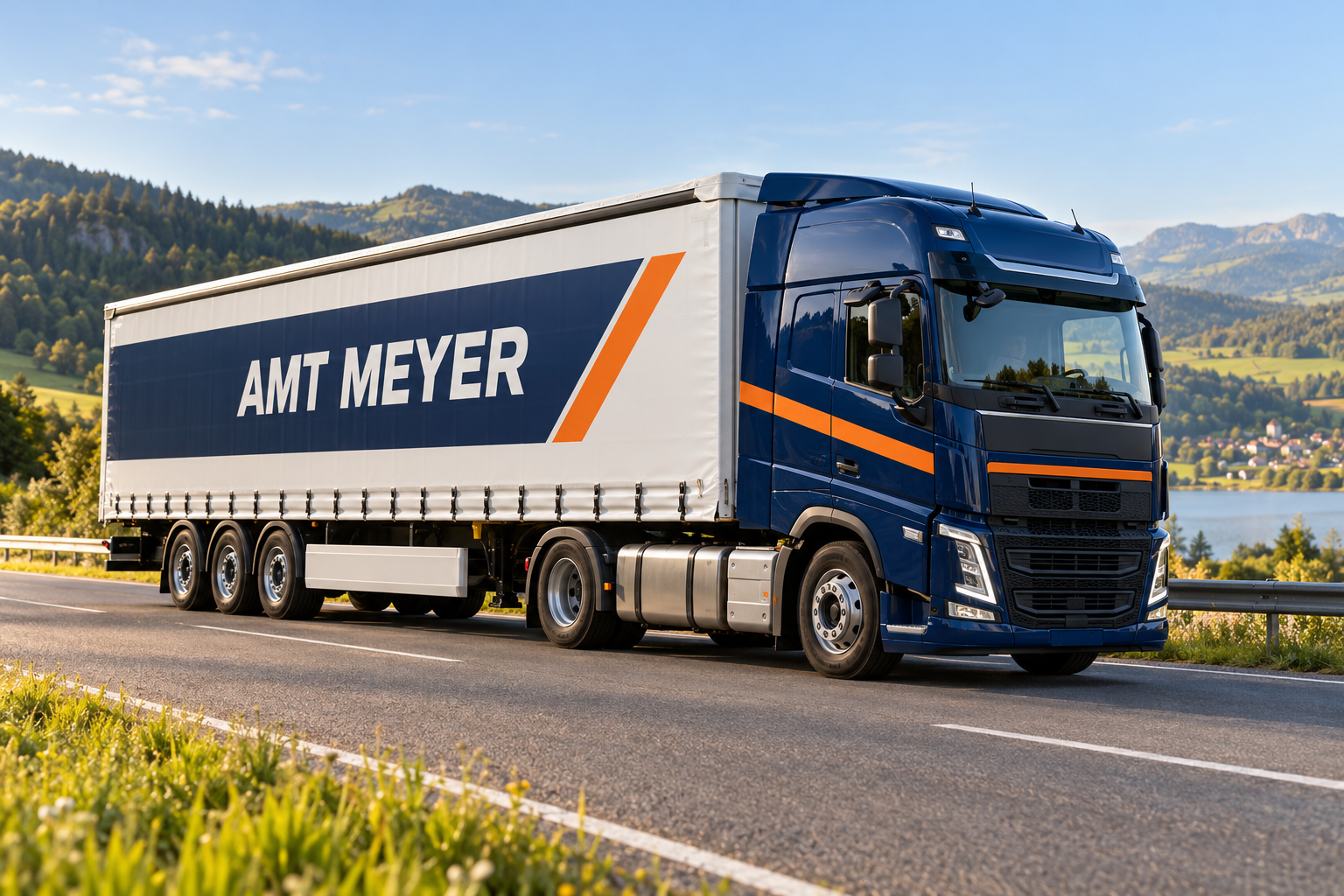 Visuel réaliste d’un camion européen bleu nuit et de sa remorque blanche AMT MEYER, avec une bande orange, sur une route de campagne